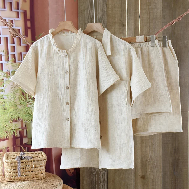 Passende minimalistische Pyjama-Schlafanzüge aus Baumwollleinen