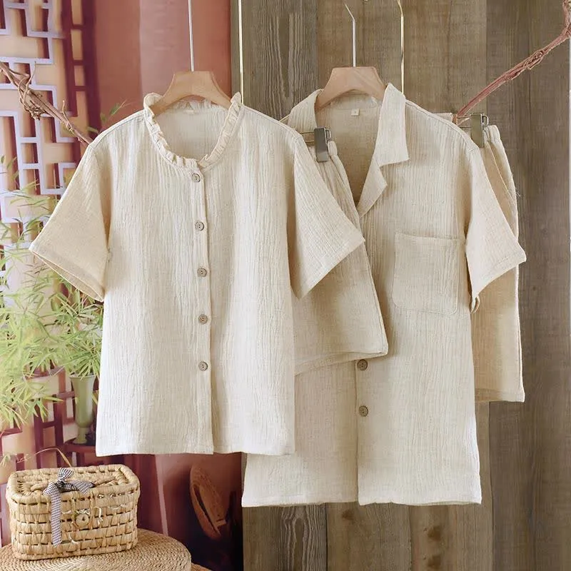 Passende minimalistische Pyjama-Schlafanzüge aus Baumwollleinen