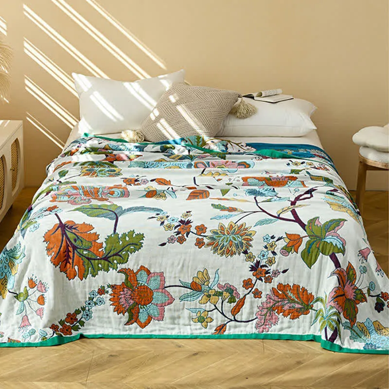 Ownkoti Quiltdecke aus Baumwollgaze mit Jacquardmuster und floralem Blattmuster