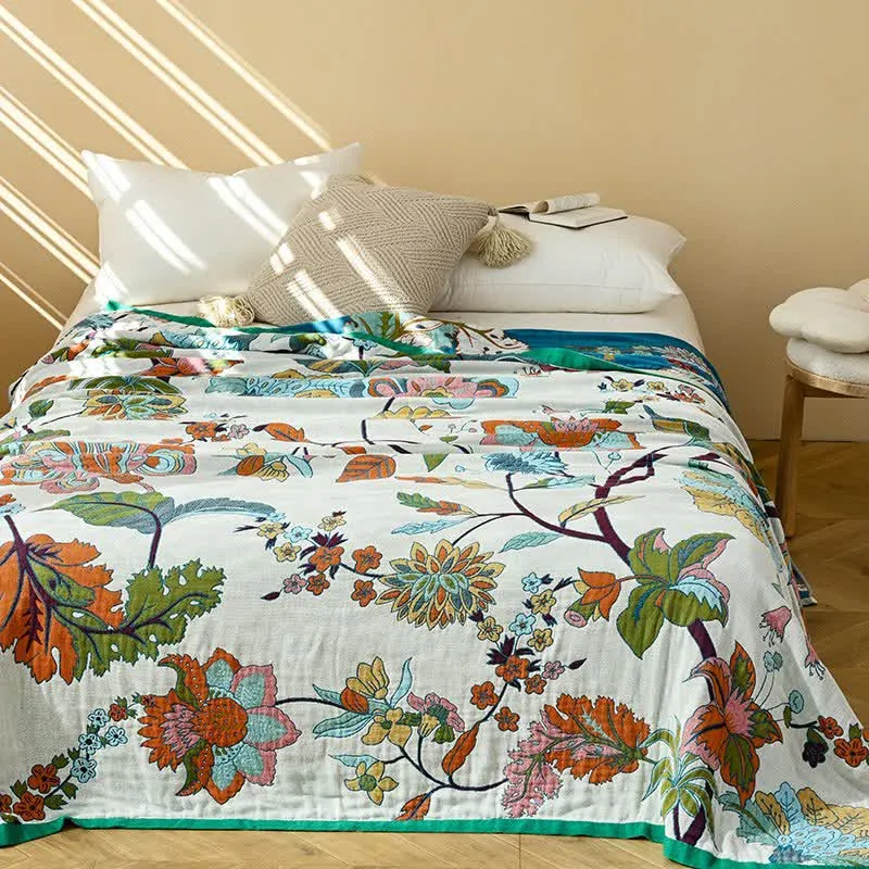Ownkoti Quiltdecke aus Baumwollgaze mit Jacquardmuster und floralem Blattmuster