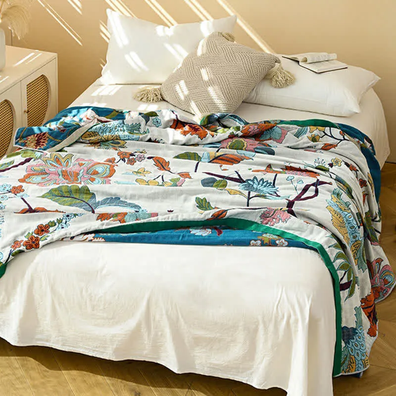 Ownkoti Quiltdecke aus Baumwollgaze mit Jacquardmuster und floralem Blattmuster