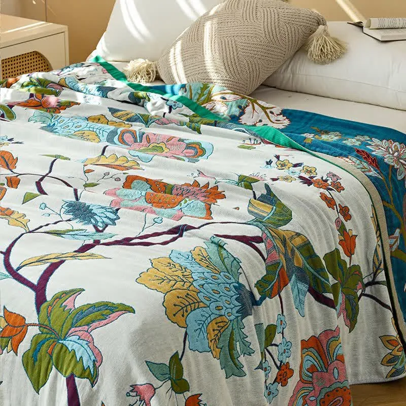 Ownkoti Quiltdecke aus Baumwollgaze mit Jacquardmuster und floralem Blattmuster