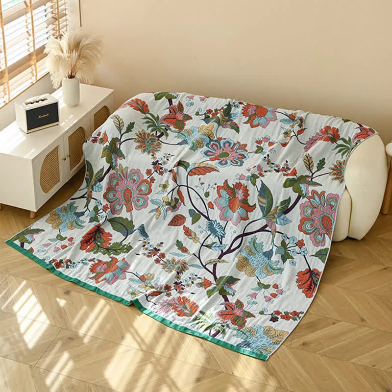 Ownkoti Quiltdecke aus Baumwollgaze mit Jacquardmuster und floralem Blattmuster
