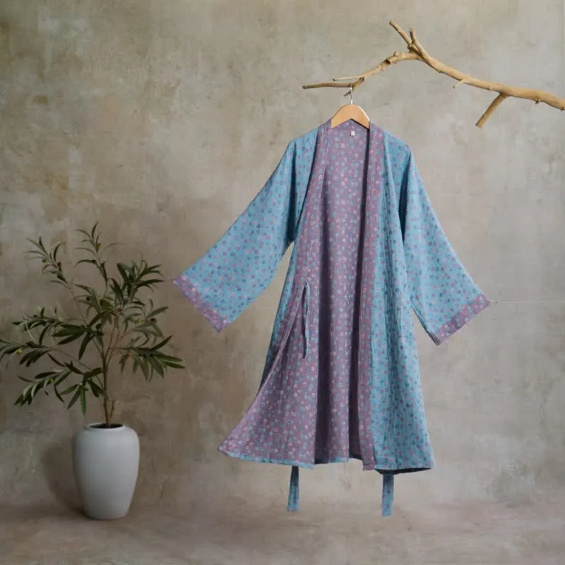 Rustikaler Kimono-Bademantel aus Baumwolle mit floralem Jacquardmuster