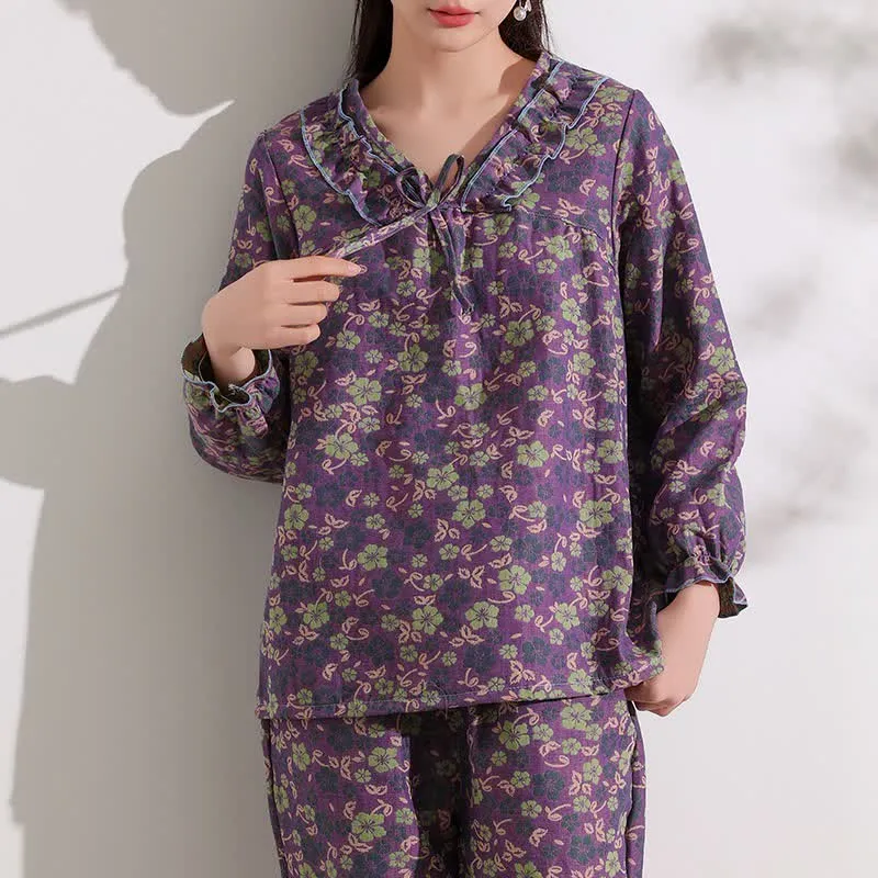 Ownkoti Pfirsichblüten-Jacquard-Rüschen-Baumwoll-Loungewear