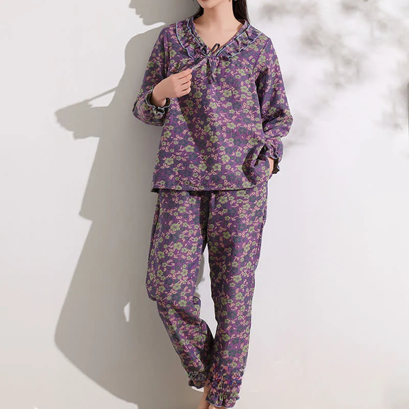 Ownkoti Pfirsichblüten-Jacquard-Rüschen-Baumwoll-Loungewear