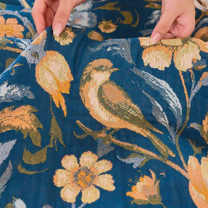 Bunte Baumwolldecke mit Blumen-, Vogel- und Quastenmuster
