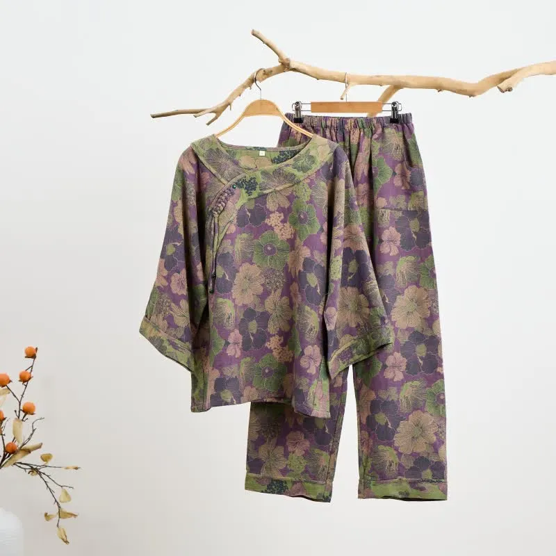 Pfirsichblüten-Pyjama aus Baumwolle mit orientalischer Quaste