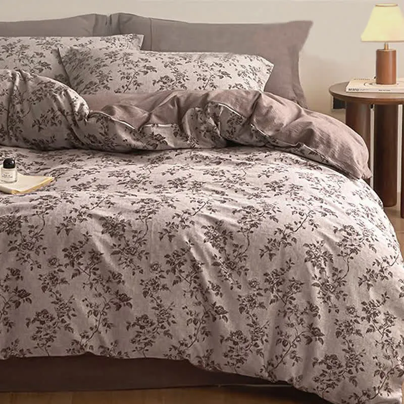Ownkoti Elegantes Bettwäsche-Set aus Baumwollgaze mit Blumenmuster