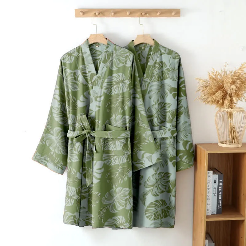 Kimono-Bademantel aus Baumwollgaze mit Monstera-Print