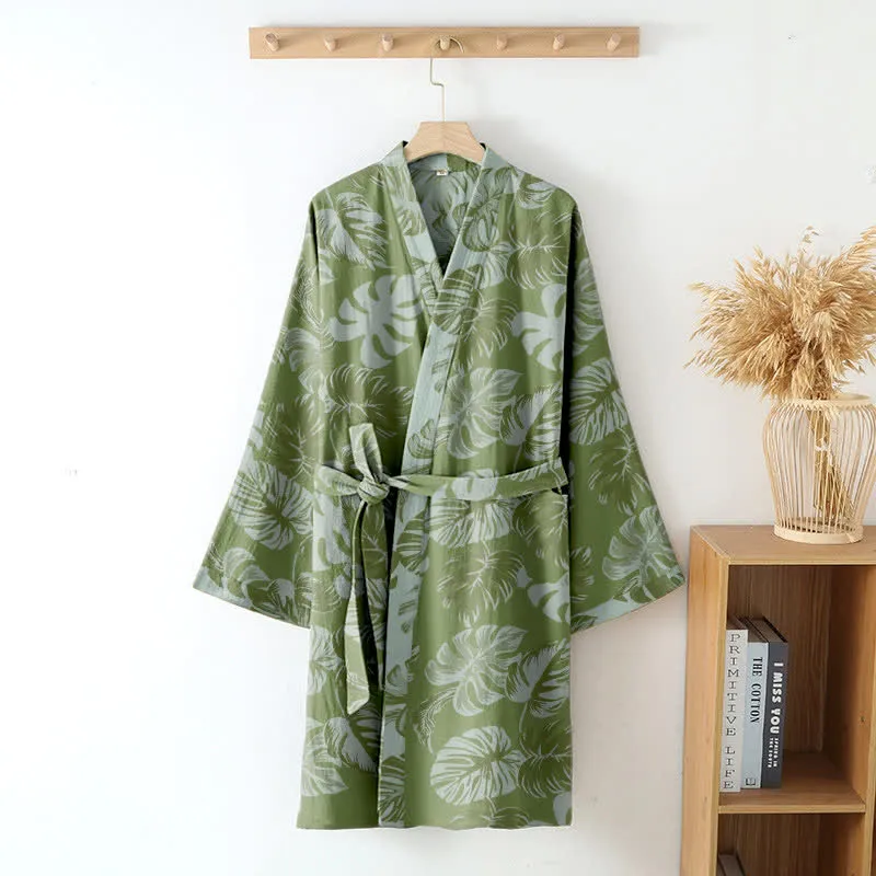 Kimono-Bademantel aus Baumwollgaze mit Monstera-Print