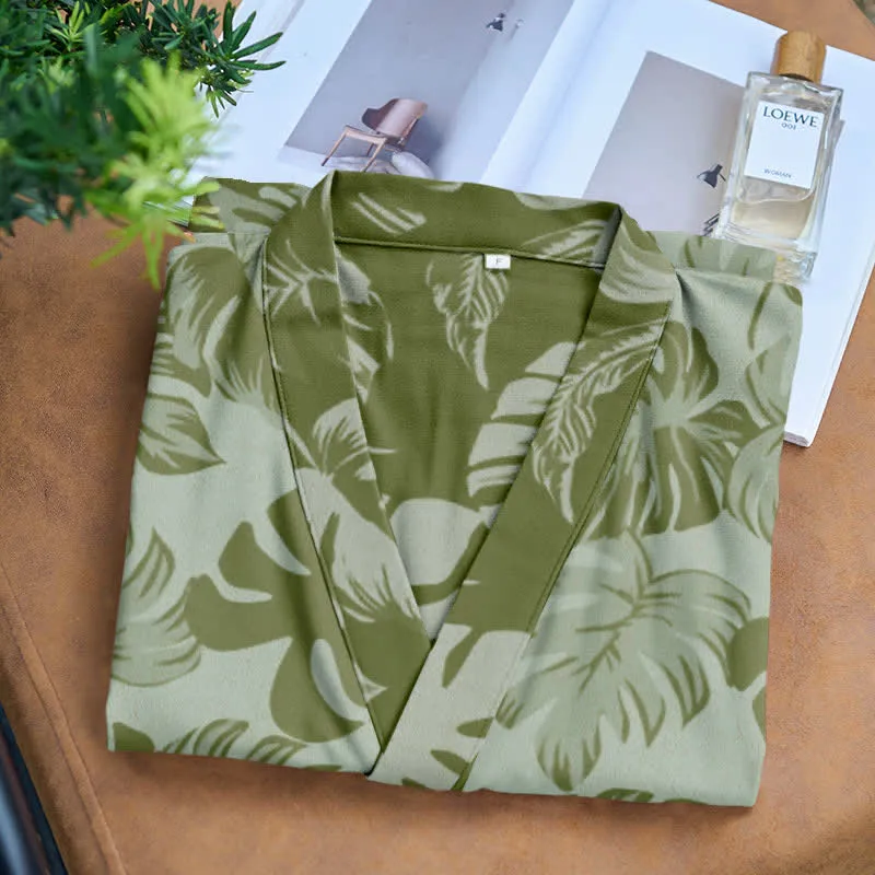 Kimono-Bademantel aus Baumwollgaze mit Monstera-Print