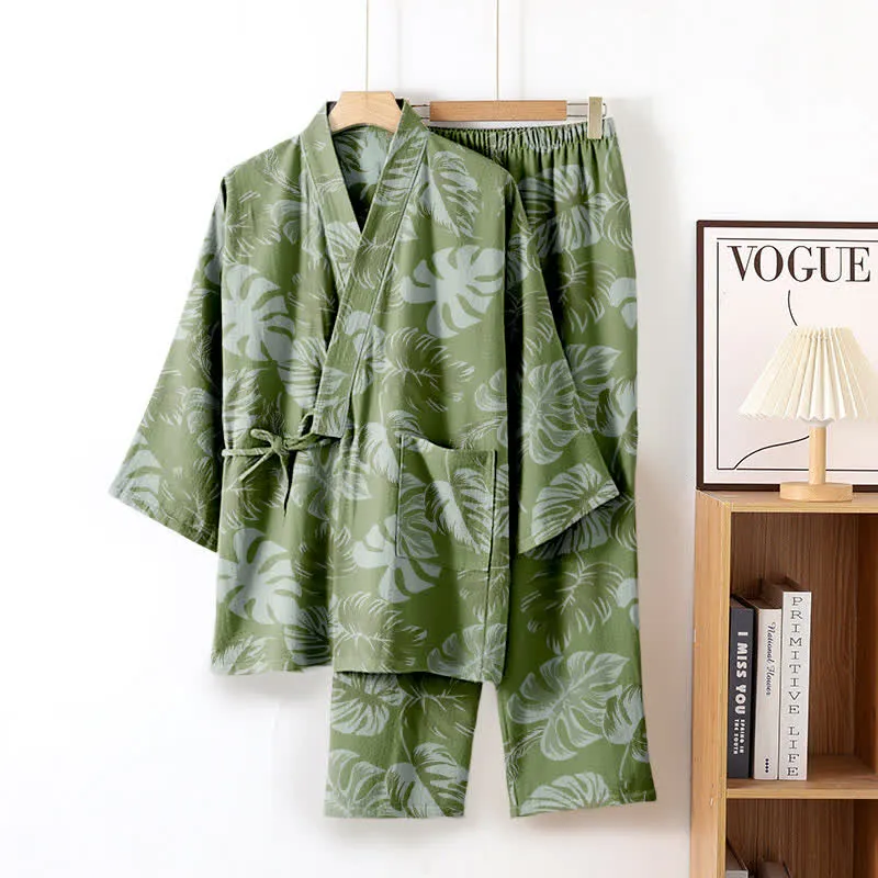 Monstera Kimono-Loungewear-Set aus Baumwollgaze
