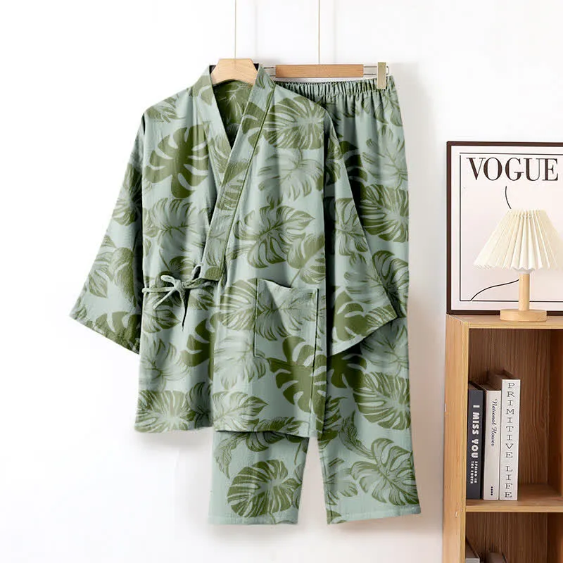 Monstera Kimono-Loungewear-Set aus Baumwollgaze