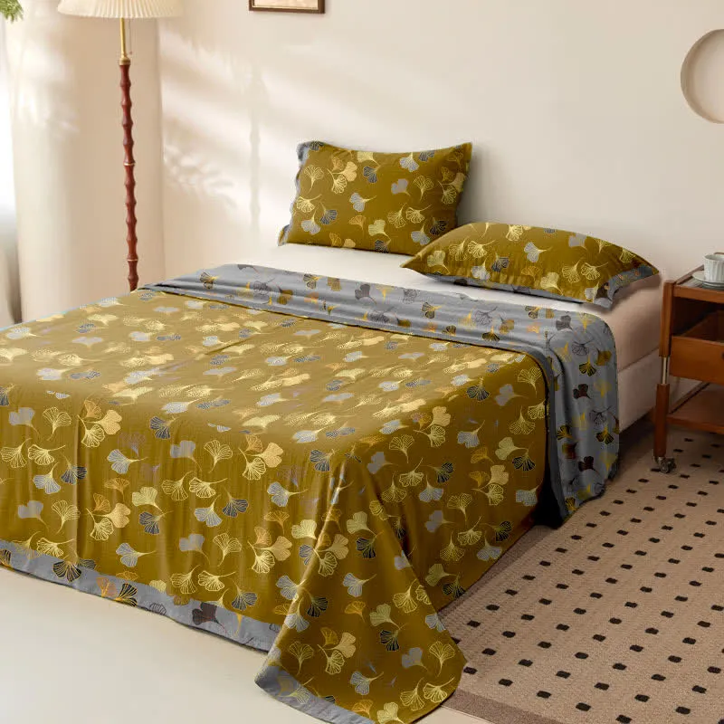 Wendbare Tagesdecke aus Baumwollgaze-Jacquard „Ginkgo“
