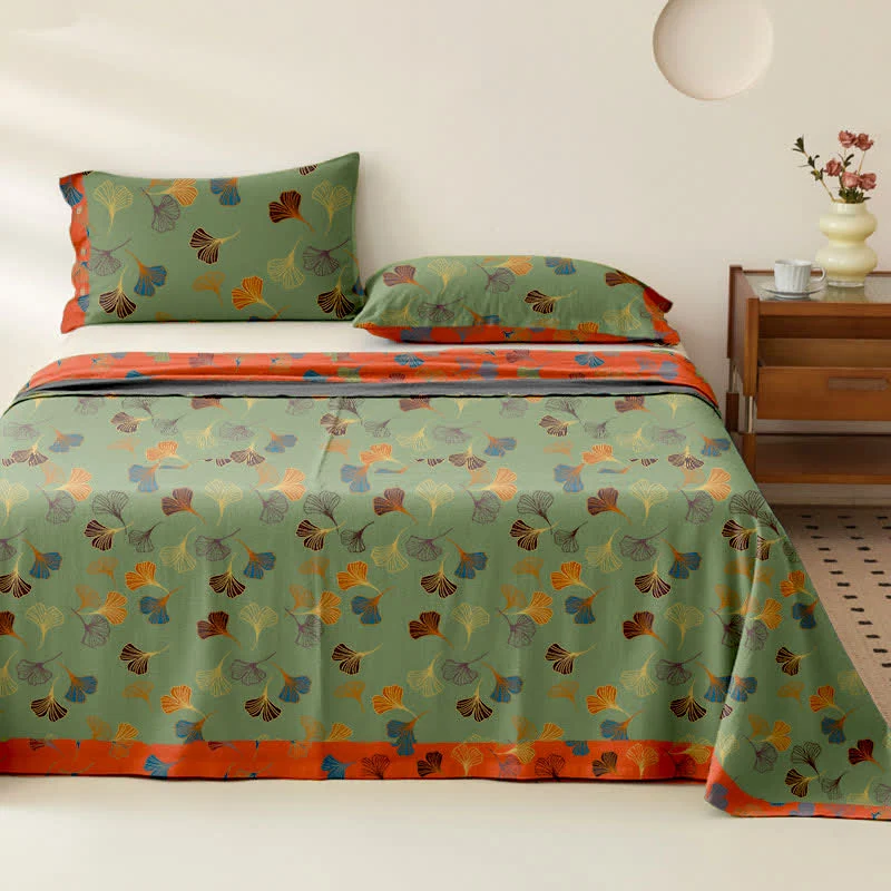 Wendbare Tagesdecke aus Baumwollgaze-Jacquard „Ginkgo“