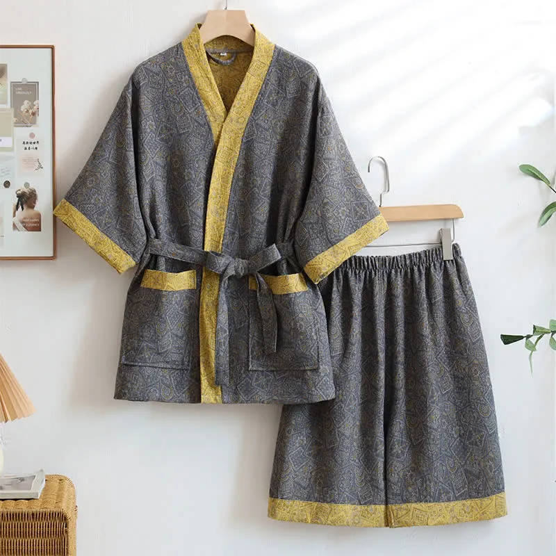 Unisex-Nachtwäsche aus Baumwolle im Kimono-Stil, grau, geometrisches Muster