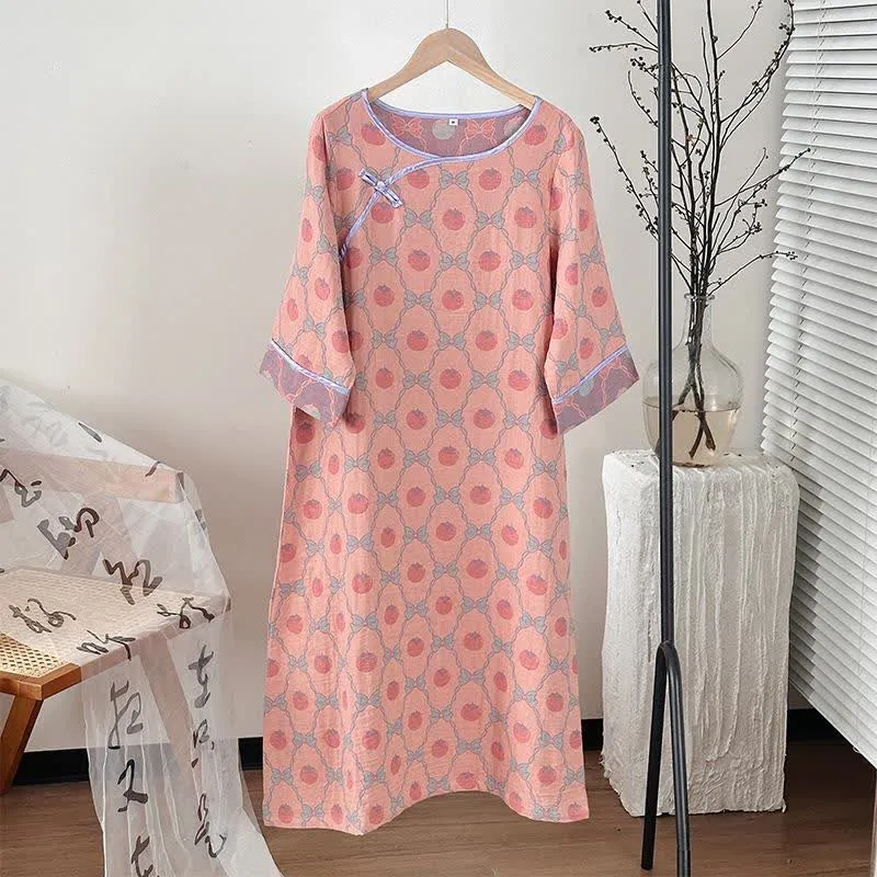 Nachthemd aus Baumwollgaze-Jacquard mit persimmonfarbener Schleife
