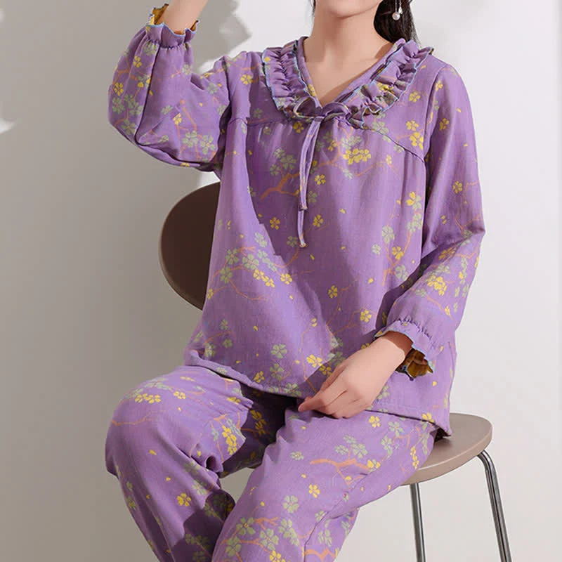 Ownkoti Loungewear-Set aus Baumwolle mit floralem Jacquard-Muster und Rüschen