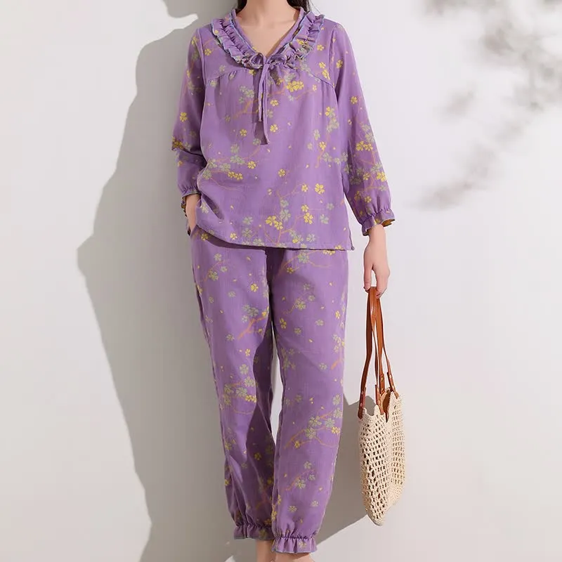 Ownkoti Loungewear-Set aus Baumwolle mit floralem Jacquard-Muster und Rüschen