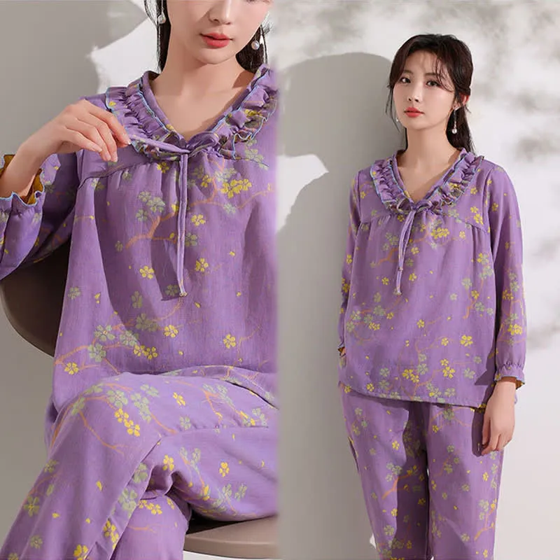 Ownkoti Loungewear-Set aus Baumwolle mit floralem Jacquard-Muster und Rüschen