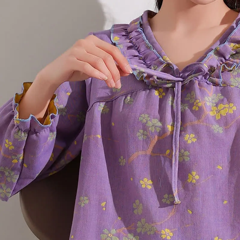 Ownkoti Loungewear-Set aus Baumwolle mit floralem Jacquard-Muster und Rüschen