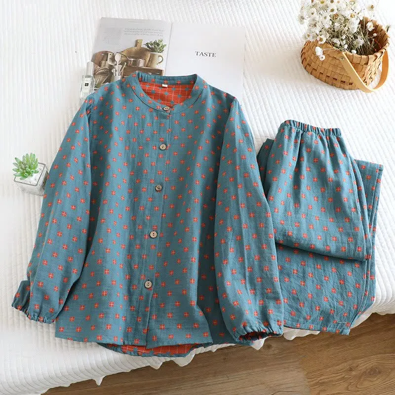Loungewear aus kariertem Baumwollgaze mit langen Ärmeln