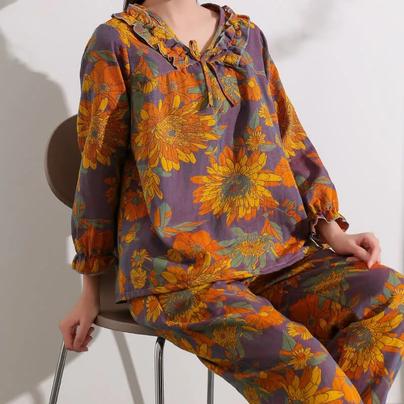Ownkoti Chrysanthemen-Jacquard-Rüschen-Baumwoll-Loungewear