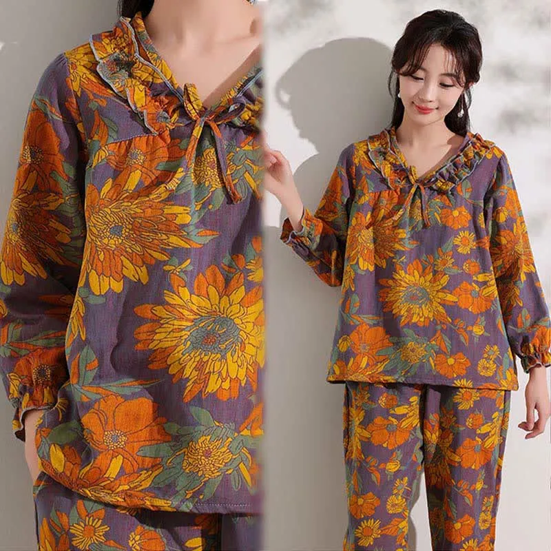 Ownkoti Chrysanthemen-Jacquard-Rüschen-Baumwoll-Loungewear