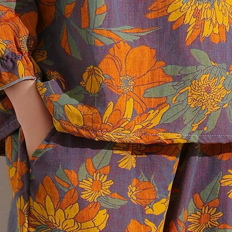 Ownkoti Chrysanthemen-Jacquard-Rüschen-Baumwoll-Loungewear