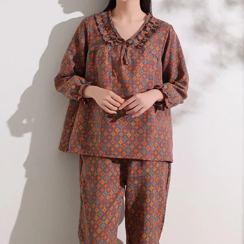Ownkoti Loungewear-Set aus Baumwolle mit geometrischem Jacquard-Muster und Rüschen