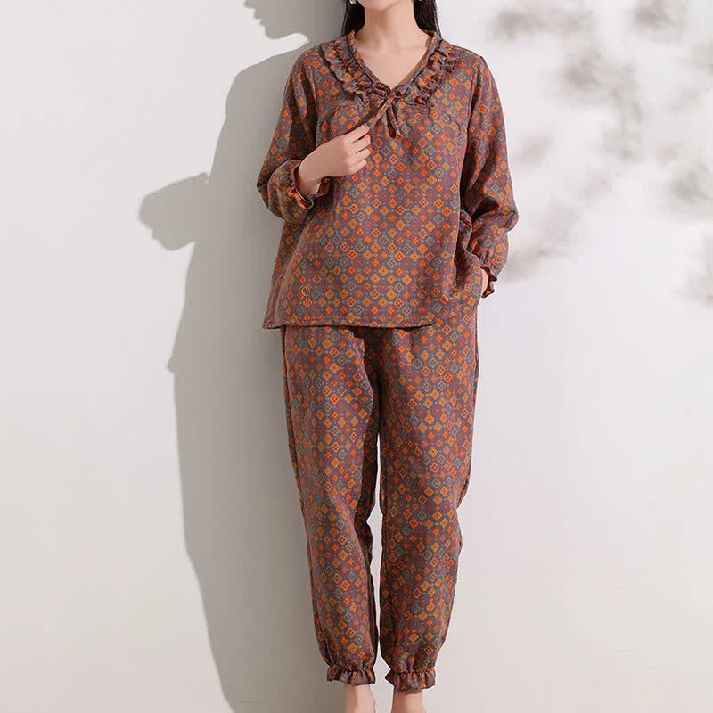 Ownkoti Loungewear-Set aus Baumwolle mit geometrischem Jacquard-Muster und Rüschen