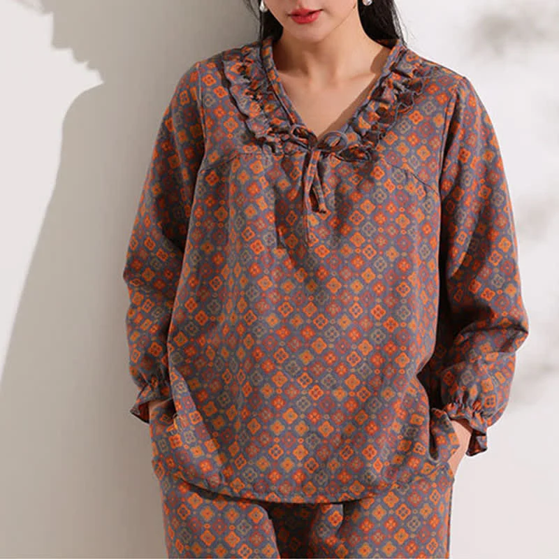 Ownkoti Loungewear-Set aus Baumwolle mit geometrischem Jacquard-Muster und Rüschen