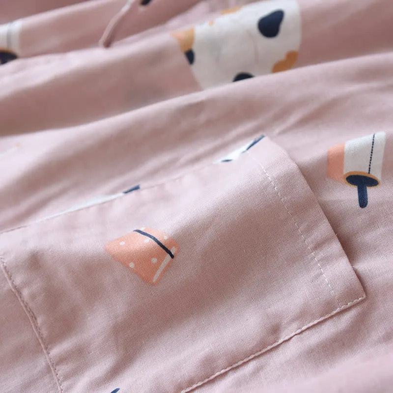 Passender Kimono-Bademantel aus Baumwollgaze mit Katzenmotiv