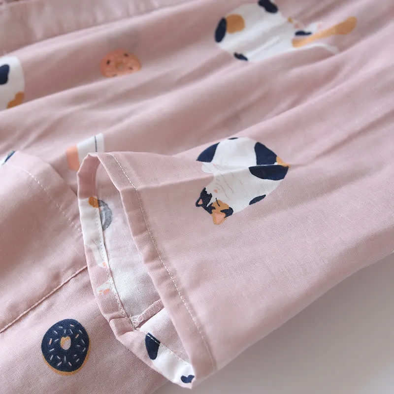 Passender Kimono-Bademantel aus Baumwollgaze mit Katzenmotiv