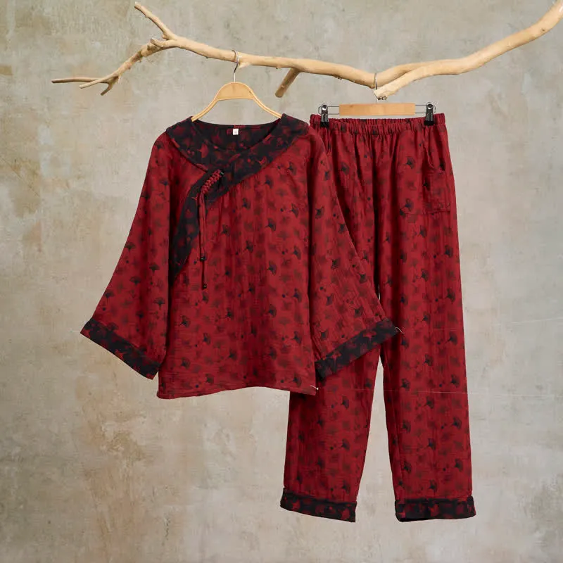 Ginkgoblatt-Baumwollpyjama mit orientalischen Quasten