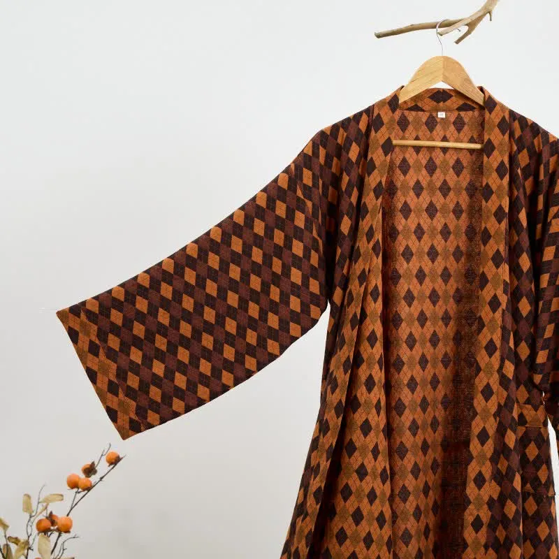 Kimono-Bademantel aus Baumwollgaze mit Rautenmuster