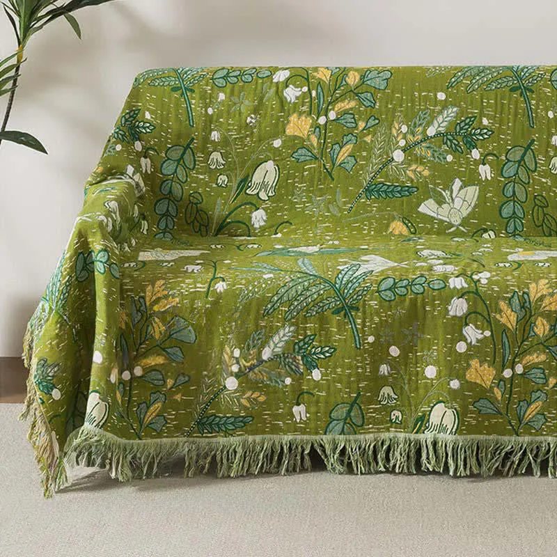 Ownkoti Sofadecke aus Baumwolle mit grünem Blattmuster, Blumenmuster und Quasten