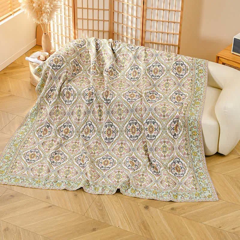 Ownkoti Elegante Vintage-Sofadecke aus Baumwollgaze mit Blumenmuster