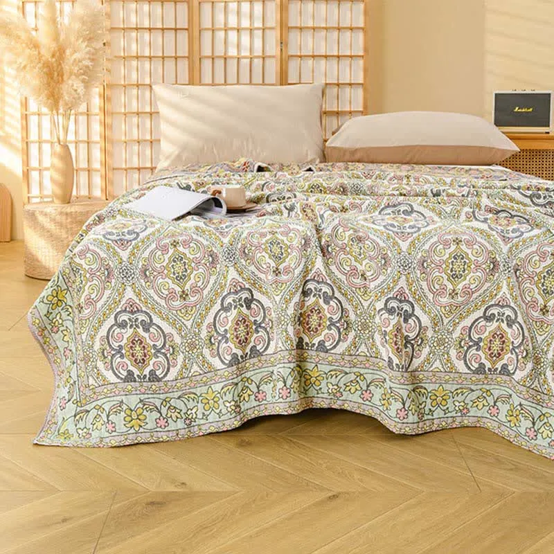 Ownkoti Elegante Vintage-Sofadecke aus Baumwollgaze mit Blumenmuster