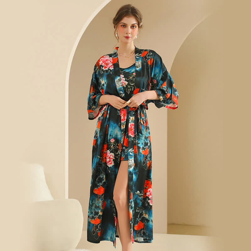 Luxuriöses Bademantel-Set im Pfingstrosen-Kimono-Stil