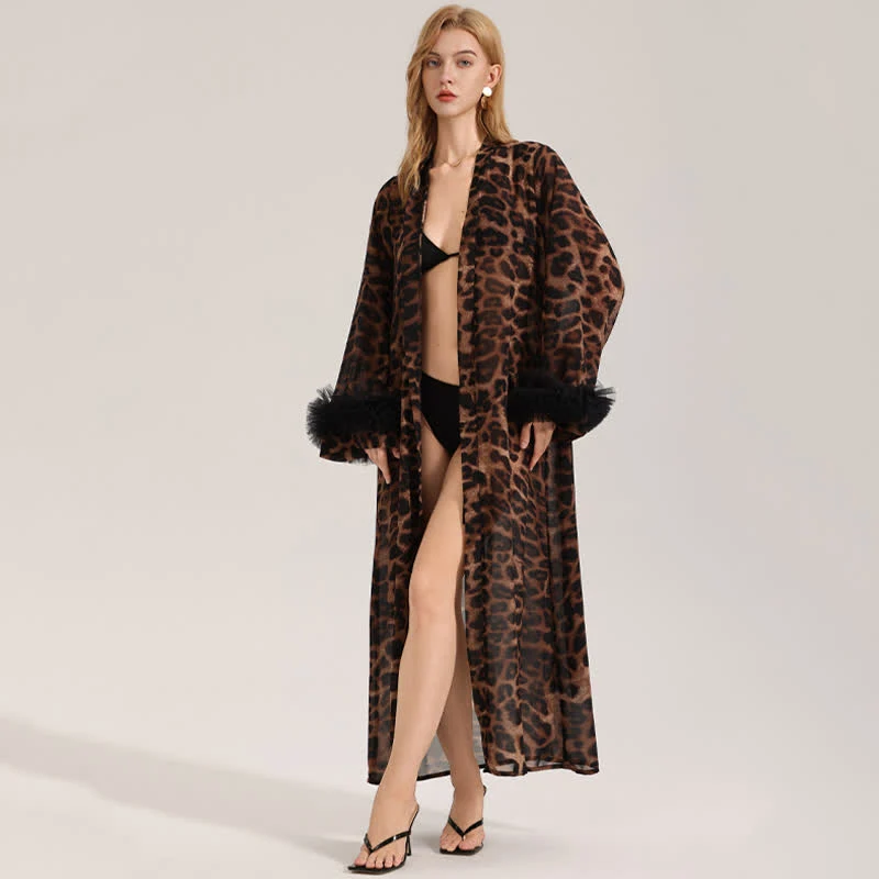 Langärmliger Kimono-Bademantel mit Leopardenmuster