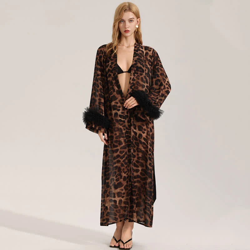 Langärmliger Kimono-Bademantel mit Leopardenmuster