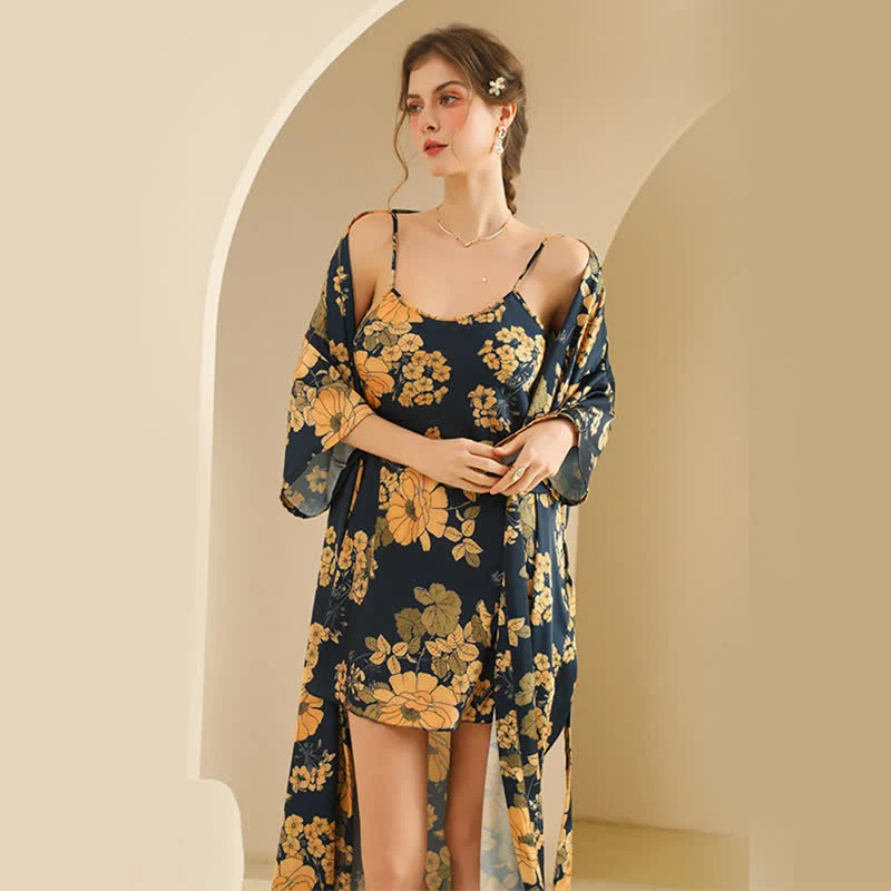 Gelbes Kimono-Bademantel-Set mit Blumenmuster