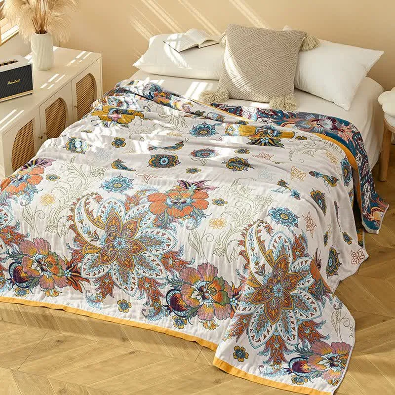 Wende-Steppdecke aus reiner Baumwolle mit Retro-Blumenmuster