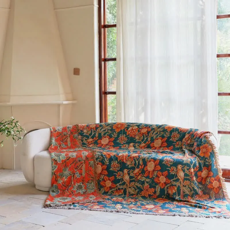 Luxuriöse Sofadecke aus Baumwolle mit Blumenmuster und Quasten