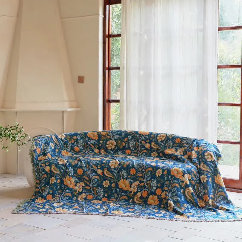 Bunte Sofadecke aus Baumwolle mit Blumen-, Vogel- und Quastenmuster