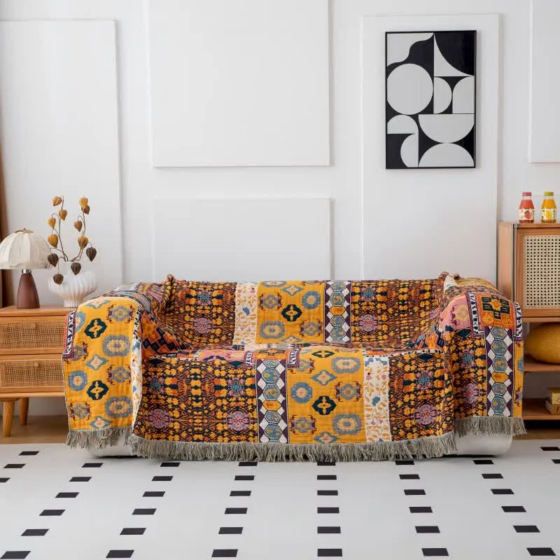 Boho Art Patchwork-Steppdecke aus Baumwolle mit Wendbarkeit und Quasten
