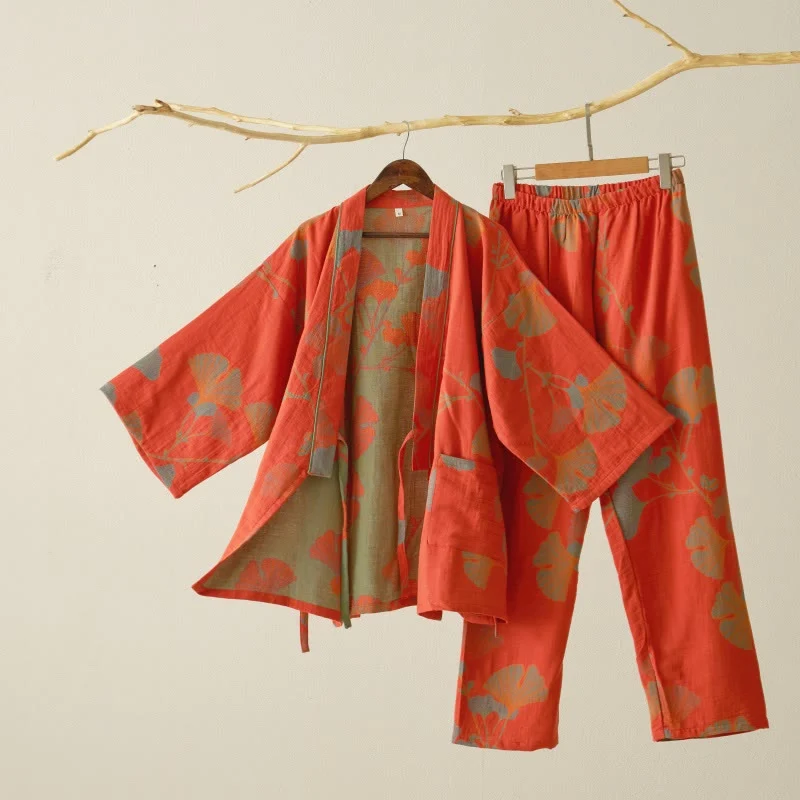 Großer Kimono-Pyjama aus Baumwolle mit Ginkgoblättern