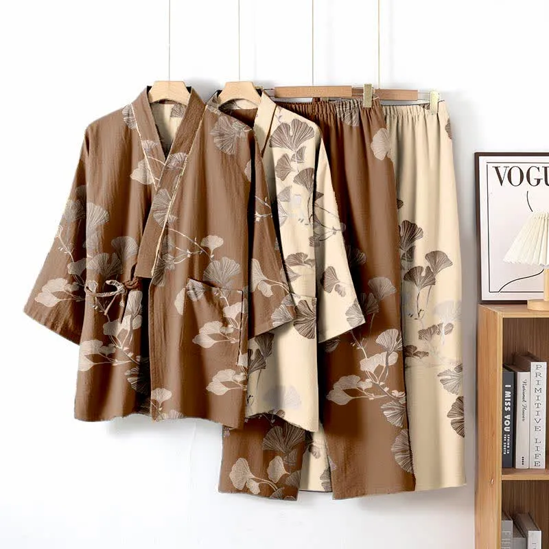Großer Kimono-Pyjama aus Baumwolle mit Ginkgoblättern